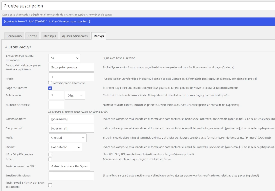Opciones dentro de cada formulario RedSys para Contact Form 7