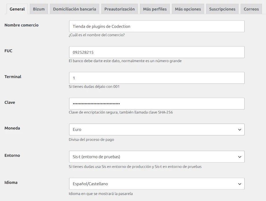 Panel opciones Redsys para CF7