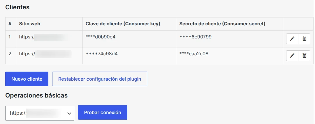Panel de gestión de conexiones de los clientes en el servidor